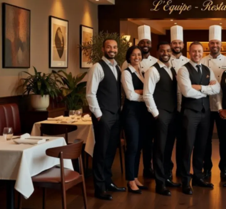 Membres de l'équipe de Jackpot En Ligne, souriants dans le restaurant.