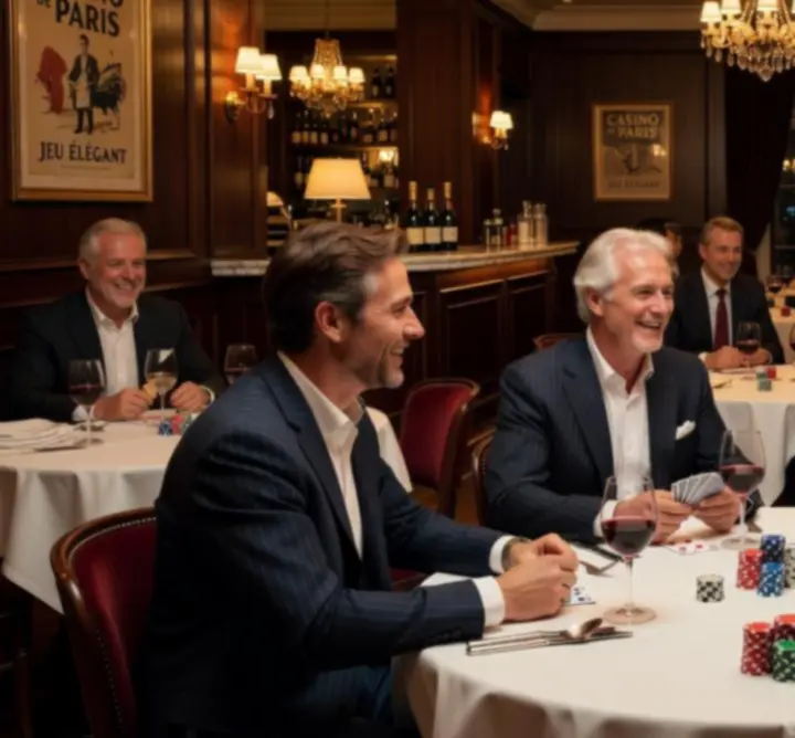 Soirée poker élégante avec invités autour de tables chaleureusement éclairées.