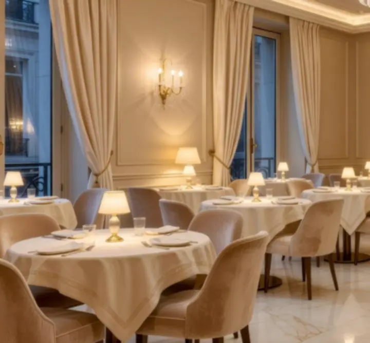 Vue de l'intérieur de Jackpot En Ligne, restaurant lumineux aux tons crème et champagne avec grandes tables conviviales.