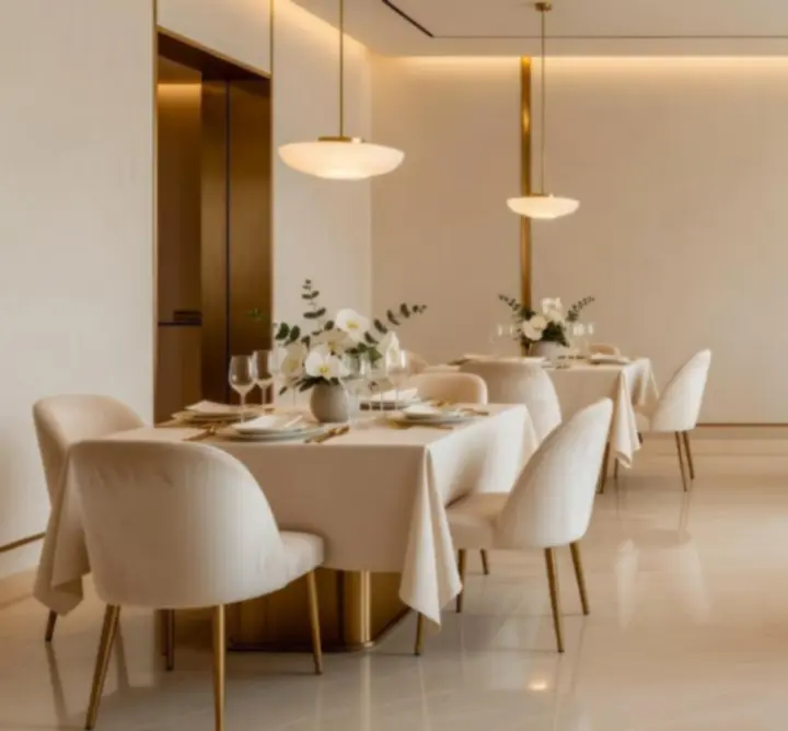 Intérieur lumineux du restaurant avec touches champagne et banquettes confortables.