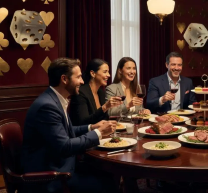 Table conviviale avec des amis partageant un repas et des conversations animées chez Jackpot En Ligne